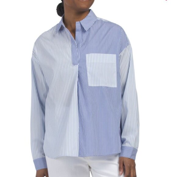 NWT Cotton Blue White Striped Long Sleeves Oversized Boyfriend Shirt Size S - Picture 1 of 8